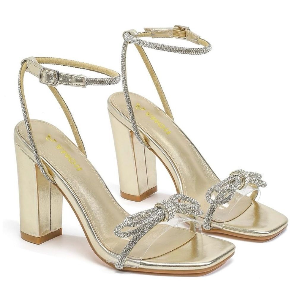 AMOJI Champagne Rhinestone Bow Knot Heel Sandals 7.5